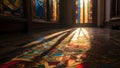 Dappled Sunlight Illuminates Colorful Stained Glass Windows in a Serene Chapel Hallway at Dusk Royalty Free Stock Photo
