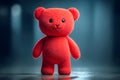 Soft red teddy bear standing alone on reflective surface with blurred dark background, creating a warm and cozy atmosphere for Royalty Free Stock Photo