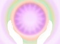 Soft retro purple, green, orange healing aura, energy field with 2 hands - grainy, high background