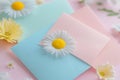 Blue Pastel Envelope with White Daisy Flowers and Pink Card Romantic Layout Royalty Free Stock Photo