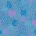 Abstract seamless blue background with stilized flovers and groups of specks.