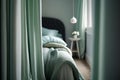 Soft and serene bedroom featuring mint green curtains. Generative AI