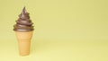 Soft serve ice cream of chocolate flavours on crispy cone on yellow background.,3d model and illustration