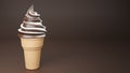Soft serve ice cream of chocolate and milk flavours on crispy cone on brown background.,3d model and illustration Royalty Free Stock Photo