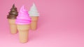 Soft serve ice cream of chocolate, vanilla and strawberry flavours on crispy cone on pink background.,3d model and illustration Royalty Free Stock Photo