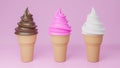 Soft serve ice cream of chocolate, vanilla and strawberry flavours on crispy cone on pink background.,3d model and illustration Royalty Free Stock Photo