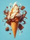 A soft serve ice cream cone with dynamic splashes of milk caramel and chocolate bar pieces flying around on blue background Royalty Free Stock Photo