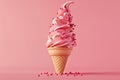 Soft serve ice cream cone with pink sprinkle on pink background