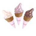 Soft serve Ice Cream Cones - strawberry, vanilla and chocolate ice creams or frozen custards in cone isolated on white background.