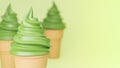 Soft serve ice cream of green tea flavours on crispy cone on green background.,3d model and illustration Royalty Free Stock Photo