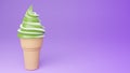 Soft serve ice cream of green tea and milk flavours on crispy cone on purple background.,3d model and illustration Royalty Free Stock Photo