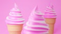 Soft serve ice cream of strawberry and milk flavours on crispy cone on pink background.,3d model and illustration Royalty Free Stock Photo