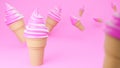 Soft serve ice cream of strawberry and milk flavours on crispy cone on pink background.,3d model and illustration Royalty Free Stock Photo