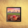 Apple Inside Basket Near City Farm Framed Picture In Rural Golden Painted Glowing Wall Royalty Free Stock Photo