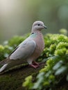 Soft Shades A Serene Scene of a Gray Dove Perched with a Green Rue on a Beautiful Day