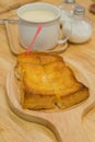 Soft shot of Honey toast with ice cream and honey syrup,Worm tone