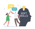 Soft Skills in Business Concept. Tiny Colleagues Male and Female Characters Give Five at Huge Human Head. Office Empathy