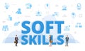 soft skills concept with big words and people surrounded by related icon with blue color style