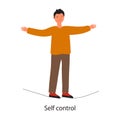 Soft skills concept with a businessman balancing on a rope and text Self control.