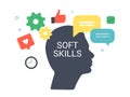 Soft Skills Concept. Human Head with Business Icons around. Office Workers Empathy, Communication, Idea Development