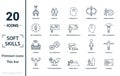 Soft Skills icon set. Include creative elements team spirit, personality, self-promotion, motivating, negotiation icons. Can be