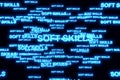 Soft Skills text inside rotating clouds of neon holographic words. High tech neon 3D illustration