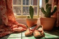soft slippers near a potted cactus on a sunny window sill