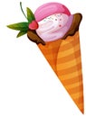 Soft strawberry ice cream in a waffle cone with cherry and chocolate Cartoon style Royalty Free Stock Photo