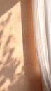 Soft sunlight casting shadows on a textured peach wall with sheer white curtain gently flowing, vertcal Royalty Free Stock Photo