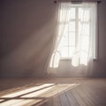 Soft sunlight floods through a partially open window with sheer white curtains gently Royalty Free Stock Photo