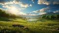 Soft sunlight shining over green meadow created with Generative AI. Cloudy sky.