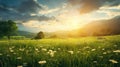 Soft sunlight shining over green meadow created with Generative AI. Cloudy sky.