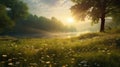 Soft sunlight shining over green meadow created with Generative AI.