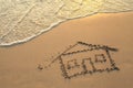 Soft surf and house painted on sea beach sand. Royalty Free Stock Photo