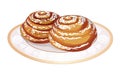 Soft sweet bun, rolled spirally, and sprinkle with powdered sugar on plate. Fresh hot cakes. Cooking. Dessert to tea. Vector.