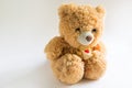 Soft Teddy bear with long light brown fur and a red heart on a scarf around his neck. Valentine`s day gift, children`s toy. White Royalty Free Stock Photo