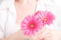 Soft tender protection for woman critical days, gynecological menstruation cycle, pink gerbera in hand Royalty Free Stock Photo