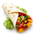 A soft tortilla wrap with vegetables, isolated on a white background,