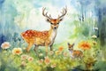 With a soft touch of watercolor, a curious deer is brought to life on a canvas of verdant green field