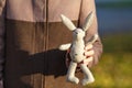 Soft toy rabbit on hands of girl walkink in fall park