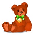 Soft toy teddy bear with jingle bells with green ribbon bow isolated on white background. Sketch of Christmas festive