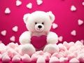 A soft toy white fluffy bear holding a heart on a pink background