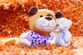 Soft toys on orange background