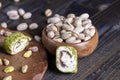 soft Turkish delight confection with pistachio nuts and chocolate Royalty Free Stock Photo