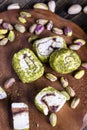 soft Turkish delight confection with pistachio nuts and chocolate Royalty Free Stock Photo