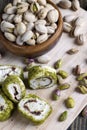 soft Turkish delight confection with pistachio nuts and chocolate Royalty Free Stock Photo