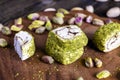 soft Turkish delight confection with pistachio nuts and chocolate Royalty Free Stock Photo