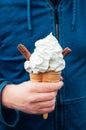 Soft vanilla ice cream with chocolate stick Royalty Free Stock Photo