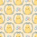 Soft vector seamless Easter pattern with chicks and Easter eggs. Coquette style Royalty Free Stock Photo