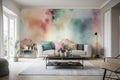 Soft velvets energetic colors and unique textures create a Bohemian atmosphere in this stylish room.. AI generation